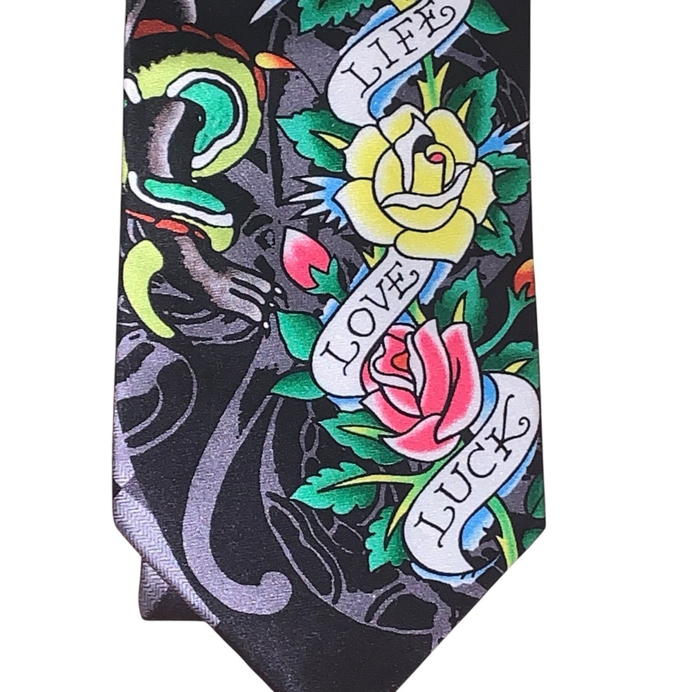 Ed Hardy Christian Audigier Silk Necktie Snake Rat Life Love Luck Mens Tie NWT - Picture 2 of 6